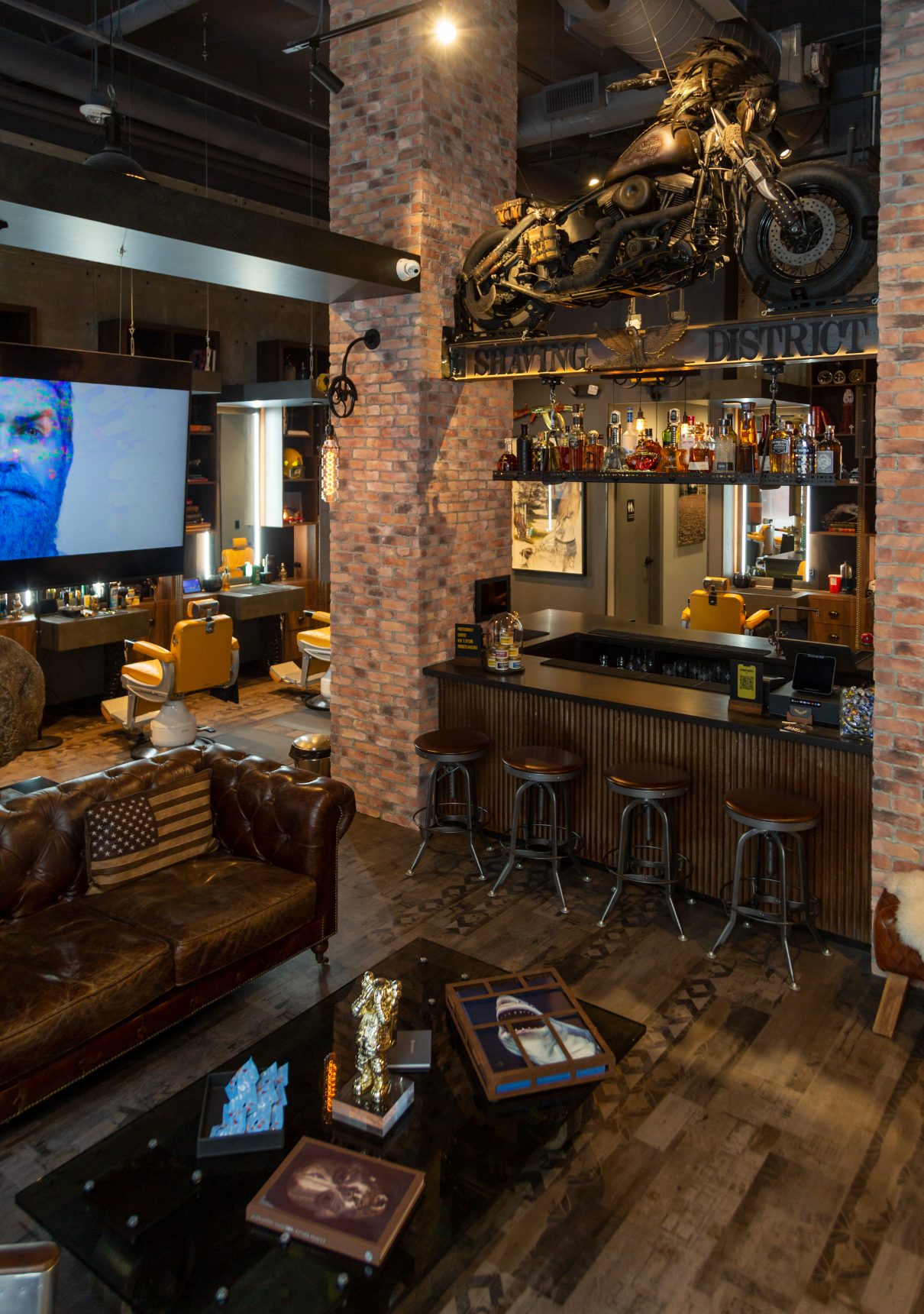 Motorcycle suspended above the whiskey bar