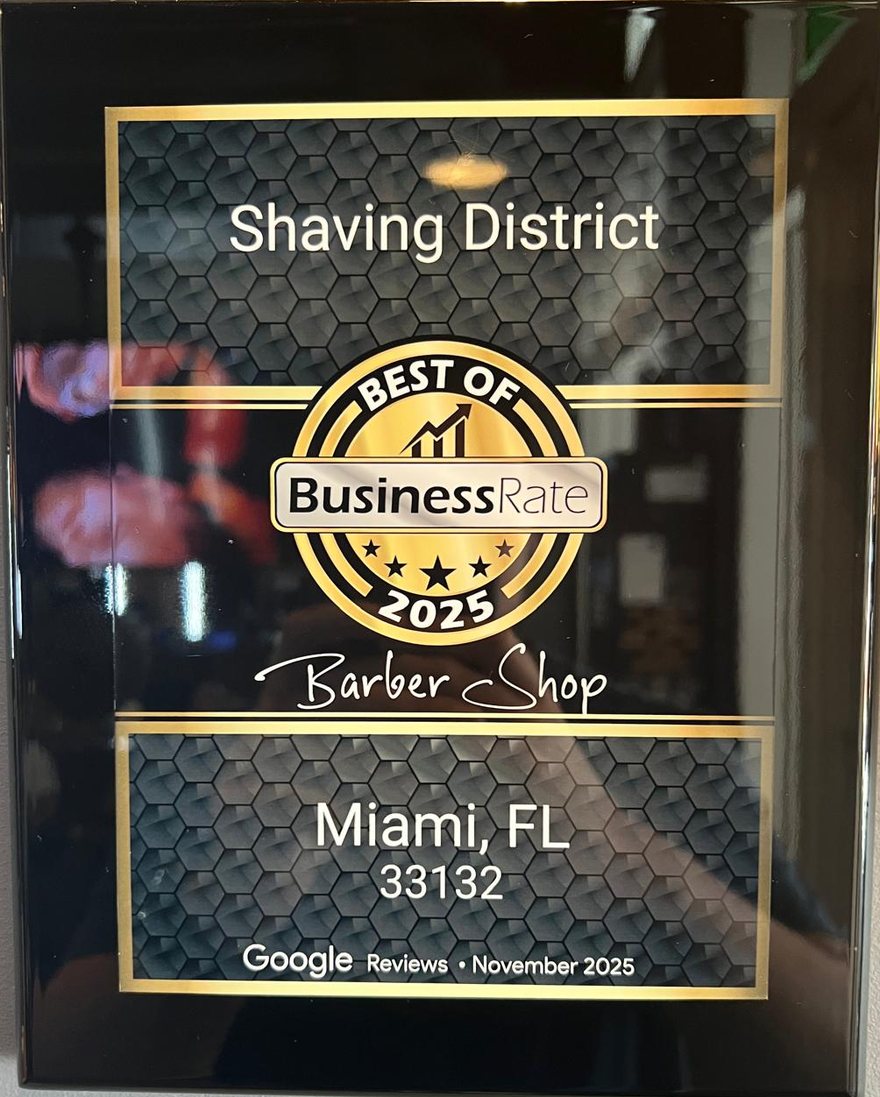 Best of BusinessRate 2025 award plaque &mdash; Shaving District, Barber Shop, Miami FL 33132, from Google Reviews, November 2025